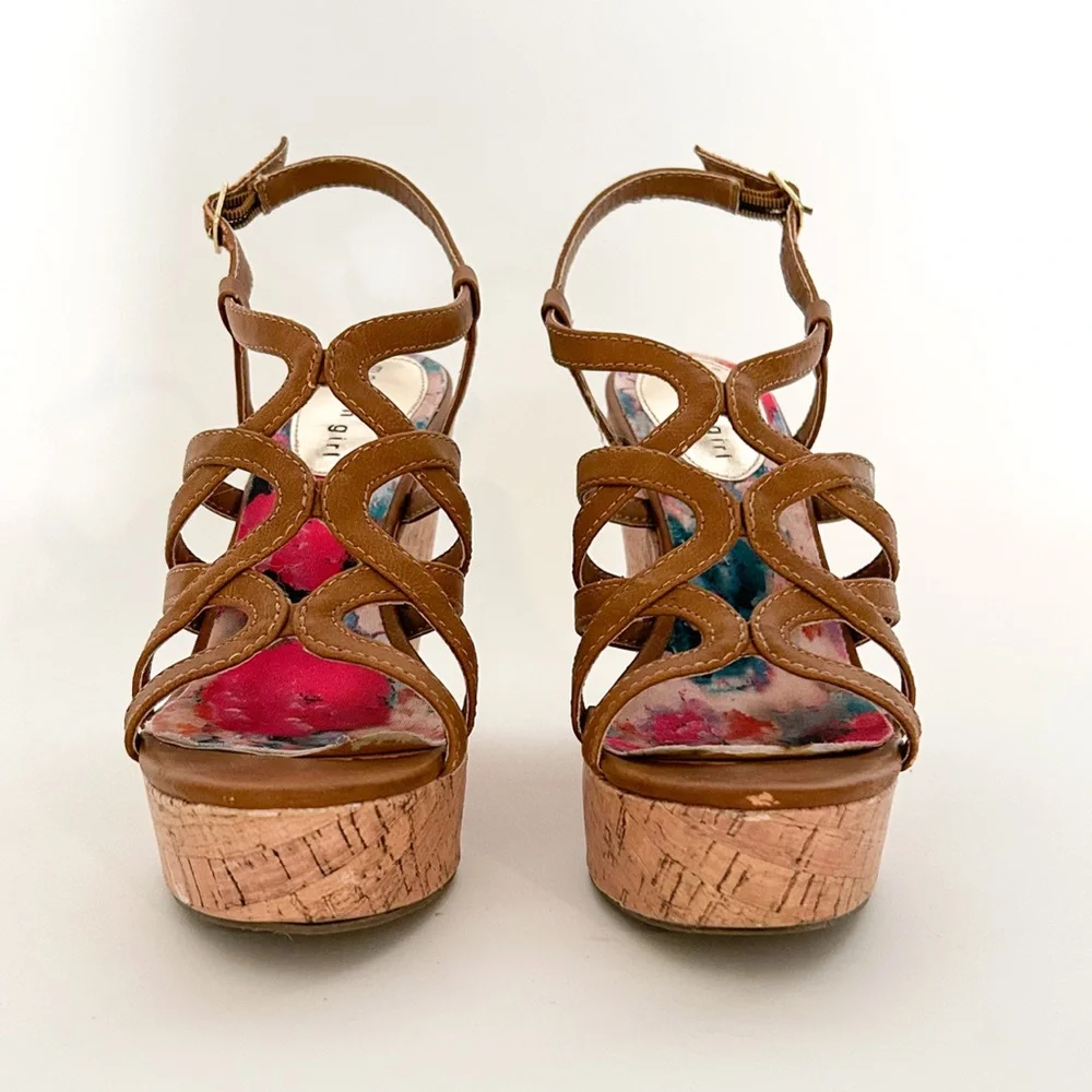 Madden Girl Strappy Brown Faux Leather Cork Platform Wedge Heels Elmaa Cognac - Picture 5 of 9
